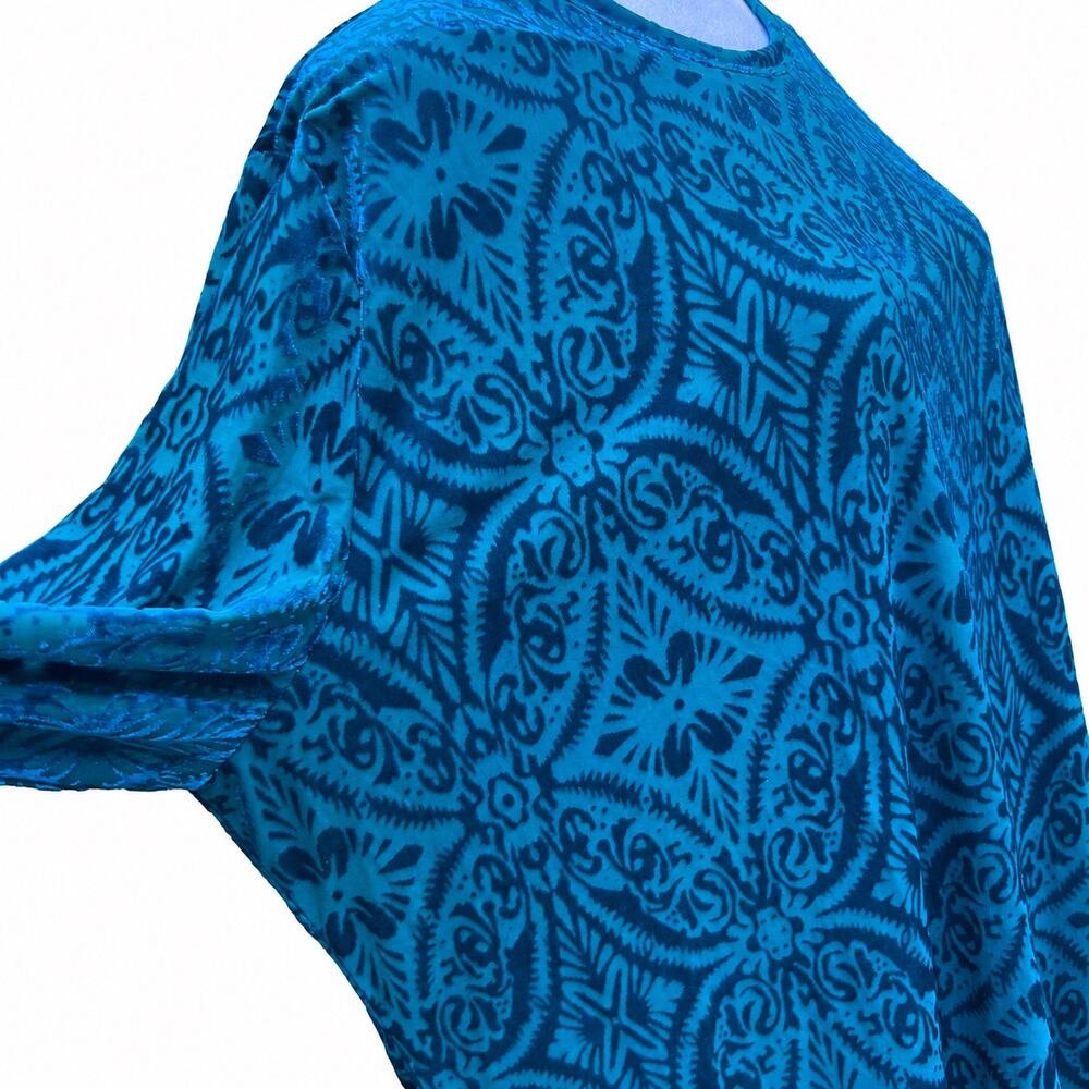 Calessa 2X Teal Blue Burnout Velvet Tunic Top Long Sleeve Boho Paisley